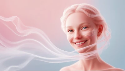 Rostro femenino en tonos rosas y azules sonriendo