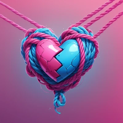 Corazón roto en tonos rosa y azul, atado con cuerdas, simbolizando una relación tóxica y la lucha por liberarse de la manipulación emocional.