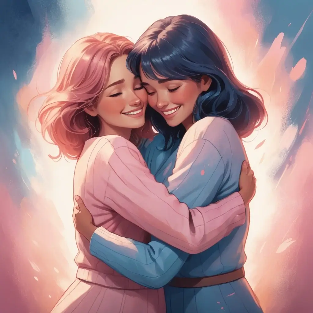 Dos mujeres abrazándose para aumentar la oxitocina y reducir el cortisol, fortaleciendo el bienestar emocional y favoreciendo un mejor entorno para el estudio.