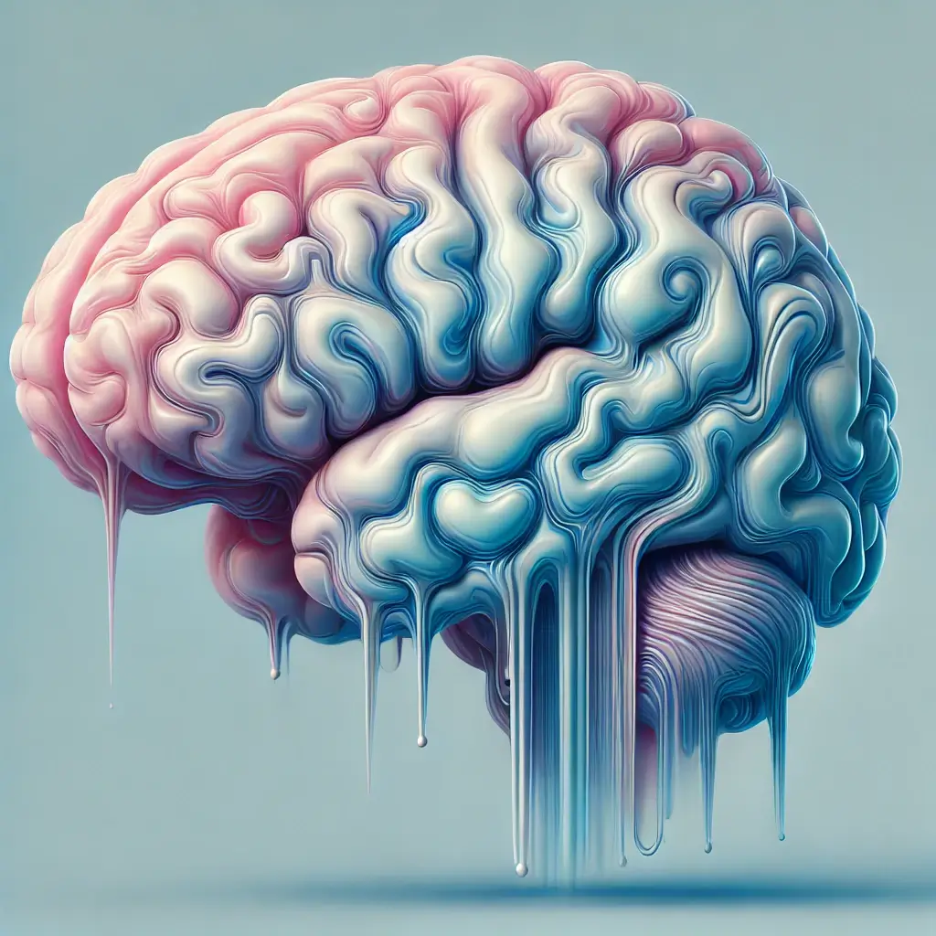 Representación surrealista de un cerebro derretido, con colores en tonos azules y rosas. El cerebro parece desintegrarse con un efecto de goteo suave. Fondo minimalista en tonos pastel que realza la textura fluida del cerebro.