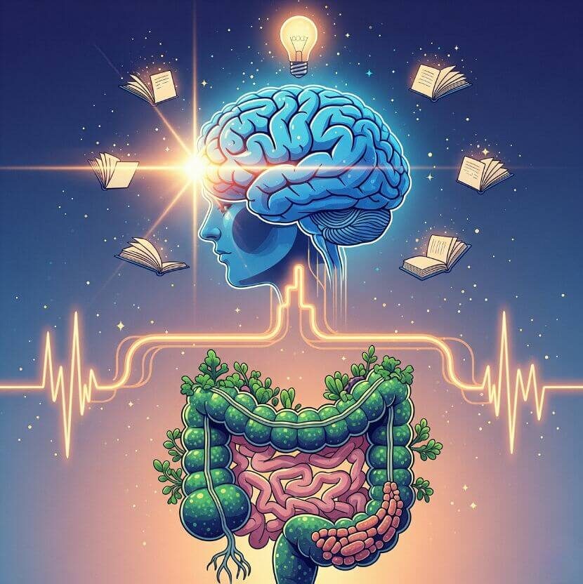 Ilustración que muestra la conexión entre el cerebro y el intestino con caminos neuronales luminosos. El cerebro tiene libros y una bombilla, simbolizando el aprendizaje y las ideas, mientras el intestino aparece sano y lleno de plantas. La imagen representa cómo la salud intestinal impacta en la concentración y la educación