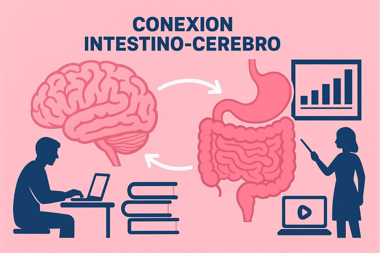Infografía en tonos rosas y azules sobre la conexión intestino-cerebro, mostrando un cerebro, un sistema digestivo y elementos educativos como estudiantes, libros y enseñanza online.