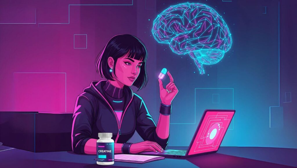 Ilustración futurista de una mujer joven estudiando en un ordenador portátil mientras sostiene una cápsula de creatina, con un cerebro holográfico flotando sobre ella, simbolizando la mejora de la memoria y la concentración.
