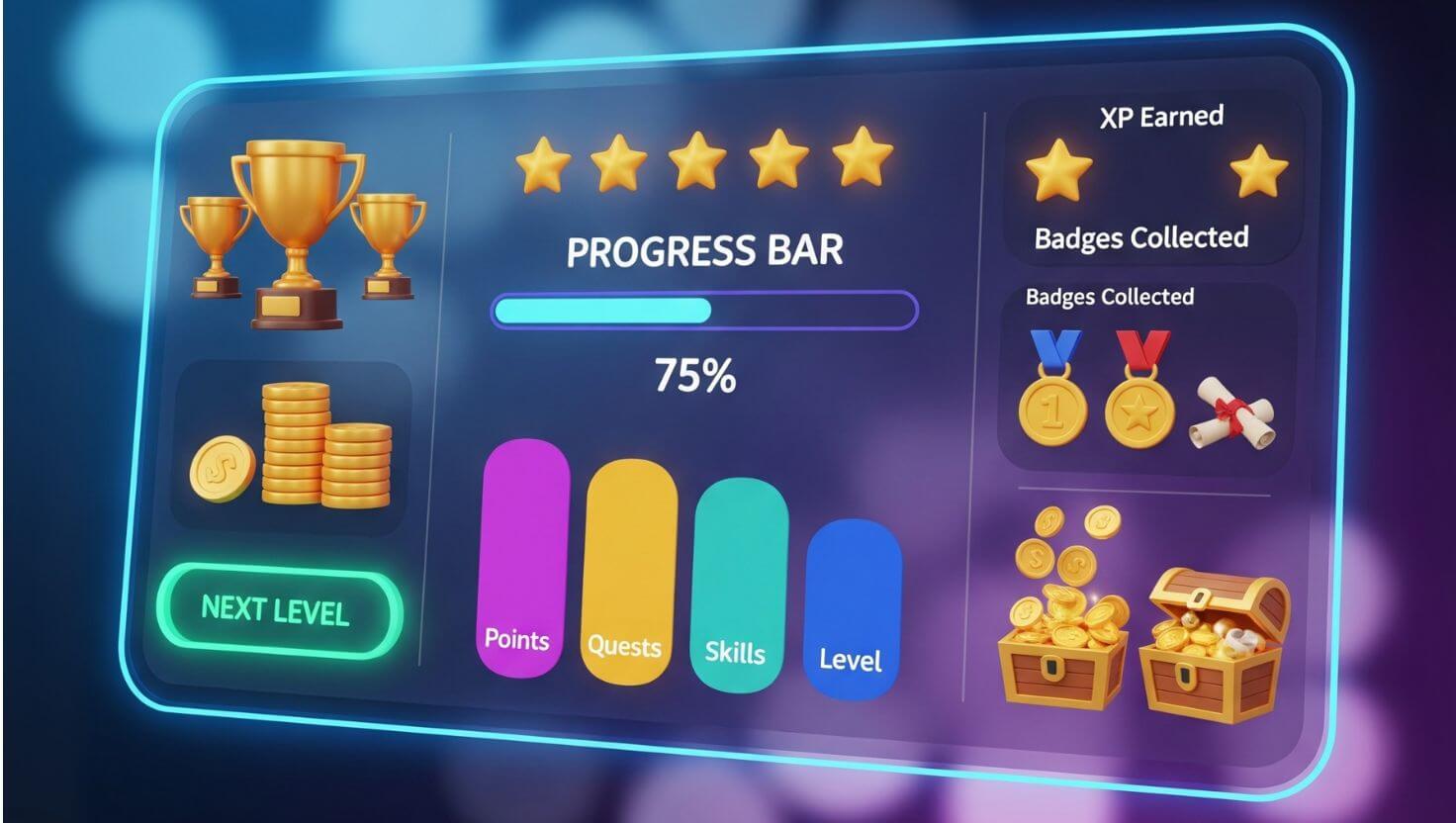 Pantalla de juego educativo con barra de progreso, estrellas, trofeos, cofres de recompensas y medidores de puntos, retos y habilidades, representando la gamificación en el aprendizaje.