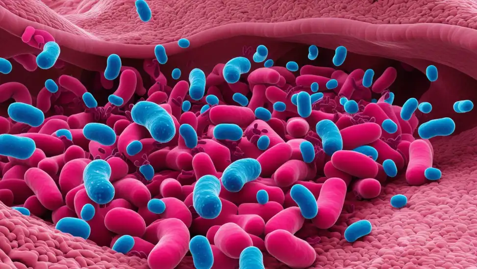 Representación de la microbiota intestinal en el intestino delgado bajo un microscopio, destacando la conexión entre el estrés y la salud digestiva.