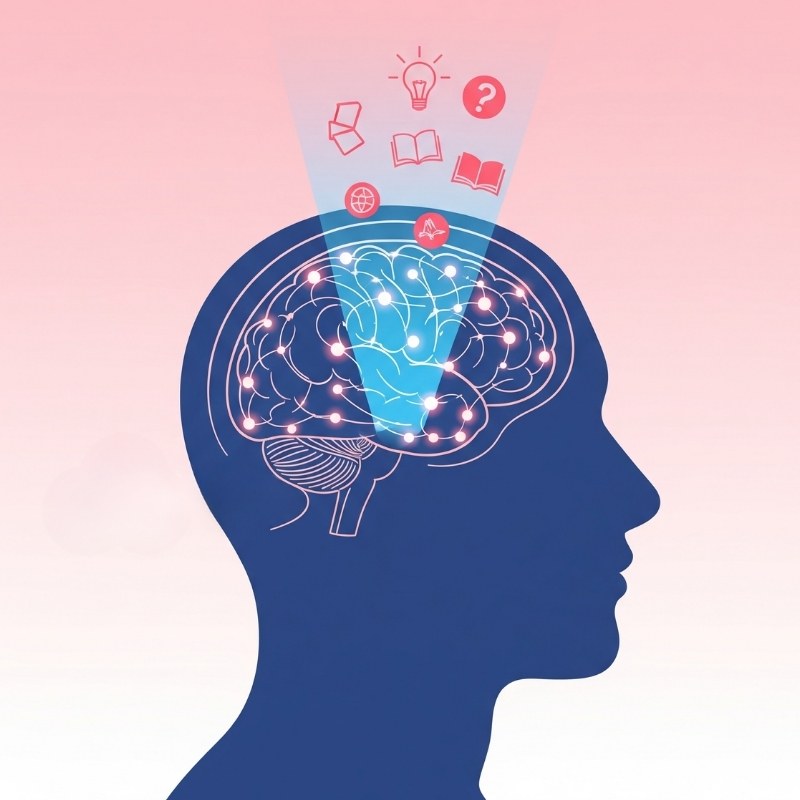 Ilustración de una silueta con un cerebro por el que se proyecta que está aprendiendo.