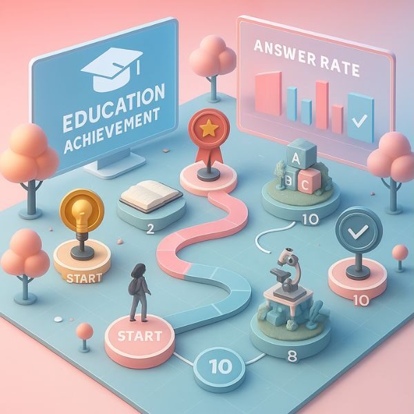 Tablero educativo gamificado con camino de niveles, indicadores de logros, retos y métricas de rendimiento, ambientado en colores rosa y azul para representar la motivación en la educación.