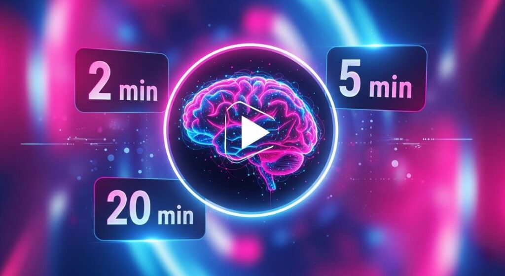 Cerebro estilizado dentro de un ícono de reproducción de video, con tiempos flotantes de 2, 5 y 20 minutos. La imagen ilustra el impacto de la duración del video en la capacidad de atención y el aprendizaje, con un fondo degradado en tonos de rosa y azul.