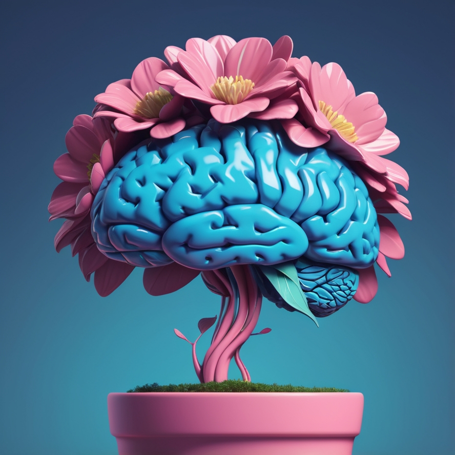 Ilustración de un cerebro plantado en un macetero, del que brotan coloridas flores y hojas, simbolizando cómo el aprendizaje y el esfuerzo fomentan el crecimiento de las habilidades.