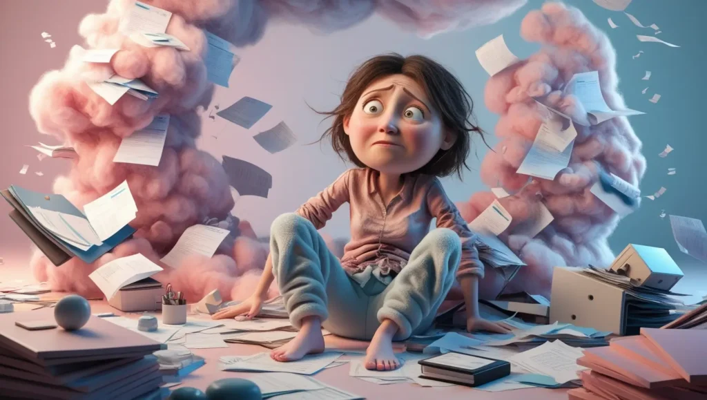 Mujer joven estresada frente a una pila de libros, representando la ansiedad por las responsabilidades académicas y el cortisol alto.