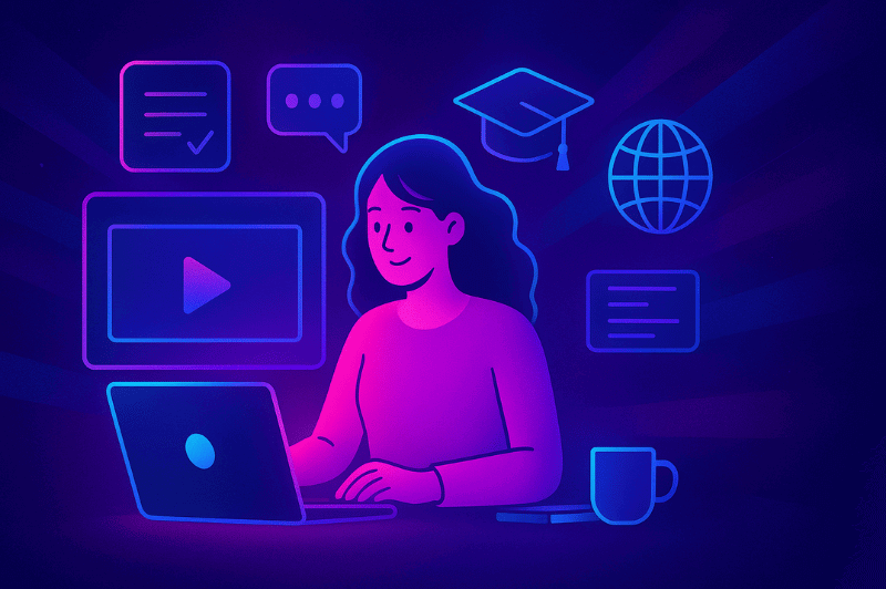 Representación futurista del eLearning con estilo digital en tonos rosas y azules, simbolizando la educación online y el aprendizaje virtual del futuro.