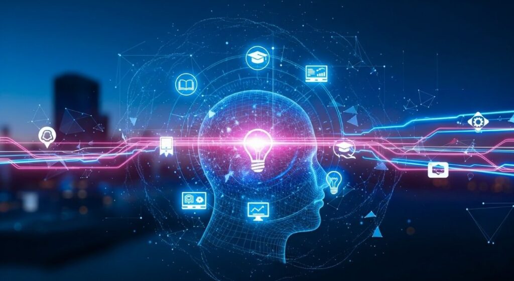 Ilustración futurista y conceptual del aprendizaje en línea, con una cabeza humana estilizada, rodeada de iconos digitales y flujos de datos en tonos rosas y azules, simbolizando la innovación educativa.