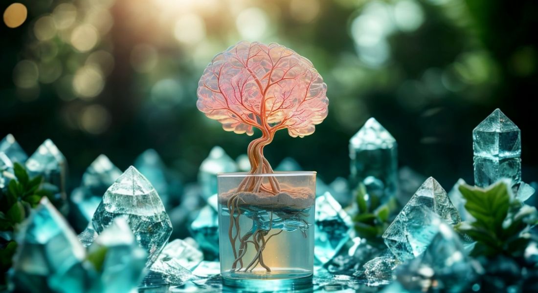 Alegoría visual de la mentalidad de crecimiento superando a la mentalidad fija. Un cerebro brota con plantas y vida, rompiendo un vaso de cristal en un ambiente helado.